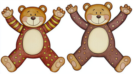Obraz premium Two playful teddy bears, one brown, one reddish-brown, joyfully leap.
