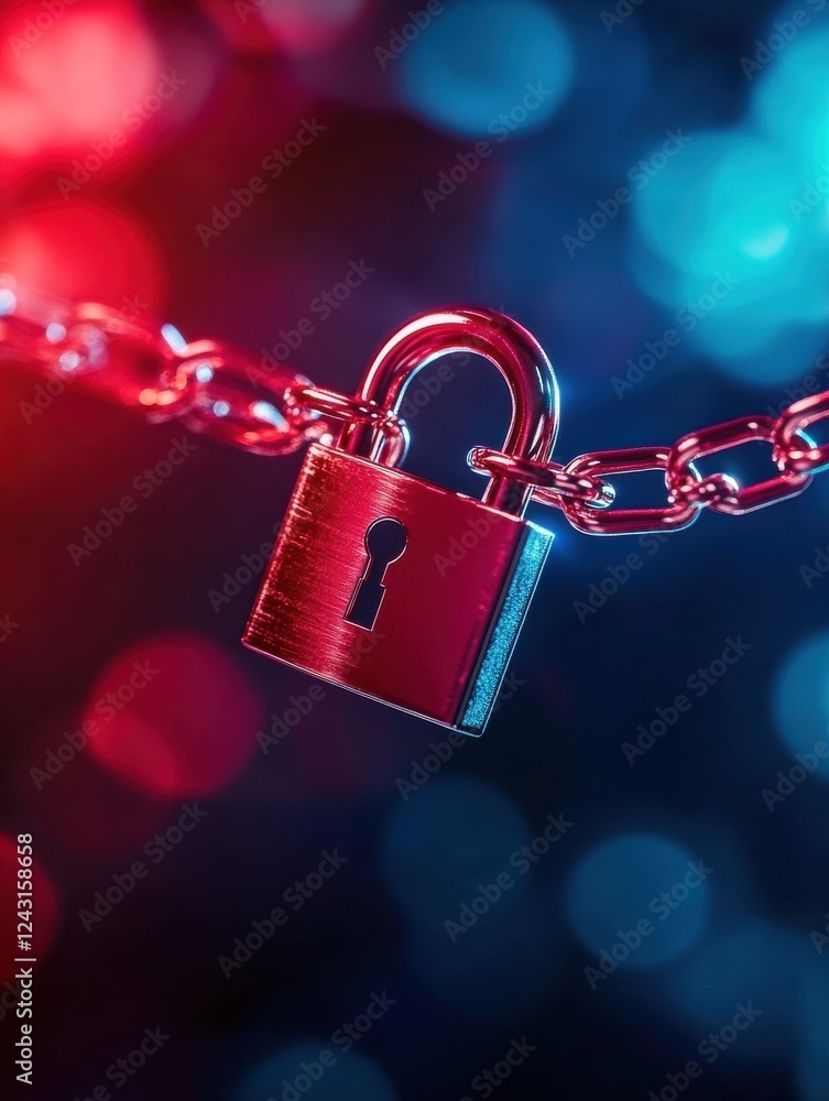 Poster a vibrant close-up of a padlock attached to a chain, illuminated by colorful bokeh lights, symbolizi