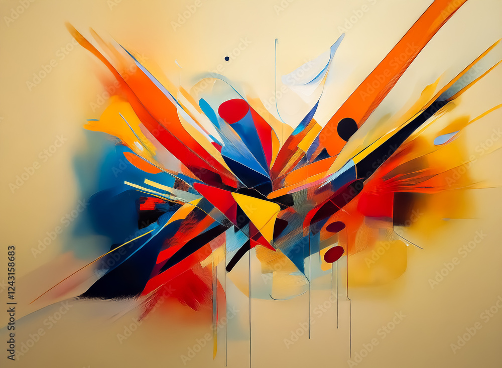 Poster abstract burst of vibrant colors with dynamic, sharp shapes against a soft background creates an ene