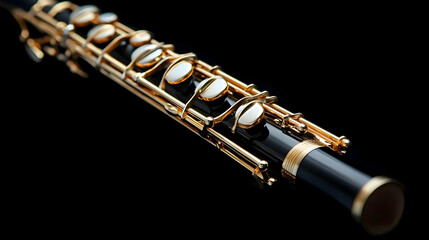 Obraz premium Black and gold woodwind instrument keys on black background, studio shot, for music promo