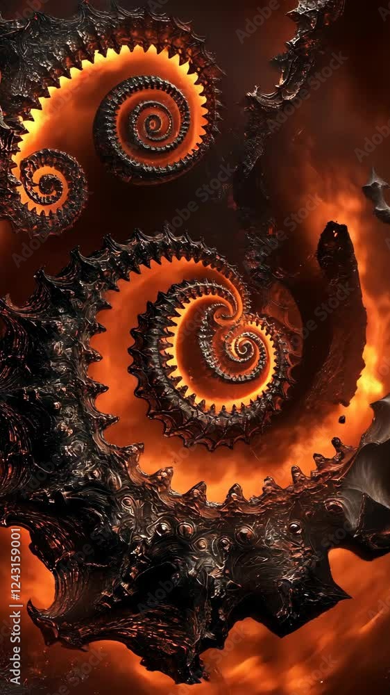Poster spiraling forms intertwine in a fiery abstract landscape depicting chaos and creation