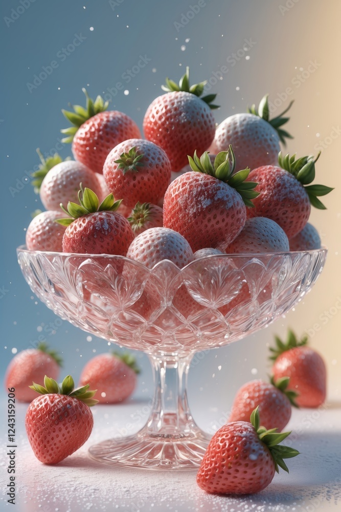 Poster fresh strawberries in a crystal bowl setting on a light background with soft shadows