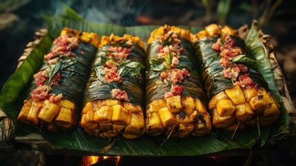 A Papua New Guinean mumu feast wrapped in banana leaves