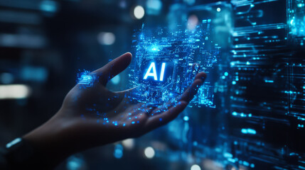 Hand holding glowing AI technology visuals in a futuristic digital environment