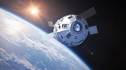 A spacecraft in orbit above Earth, capturing sunlight and showcasing space exploration.