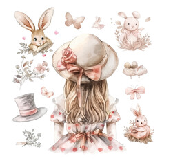 Watercolor wonderland set. Hand drawn vintage art work with white rabbit, playing cards, silver key, cylinder hat and flamingo.
