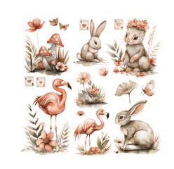 Watercolor wonderland set. Hand drawn vintage art work with white rabbit, playing cards, silver key, cylinder hat and flamingo.