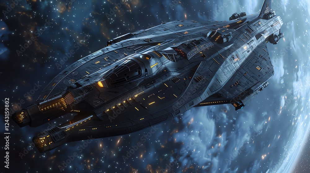 Canvas Prints a futuristic spaceship flies through space, with a planet and stars in the background.
