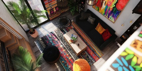 Bohemian Living Room Decor With Vibrant Rug and Artwork