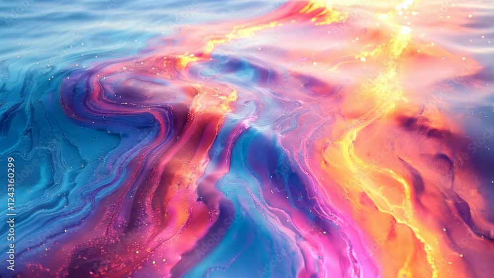 Poster vibrant abstract fluid motion of rainbow light patterns across a dynamic surface