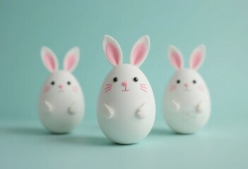 Adorable bunny-shaped egg decorations on pastel background.