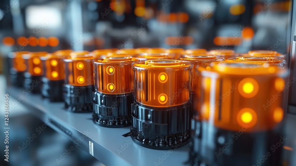 Aufkleber close-up view of illuminated orange safety lights on a display shelf in a modern workshop setting