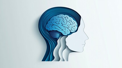 Obraz premium Paper-cut card vector logo design of a human head profile with a brain inside, in a minimalist, flat style illustration. The colors used are soft blue and white, 