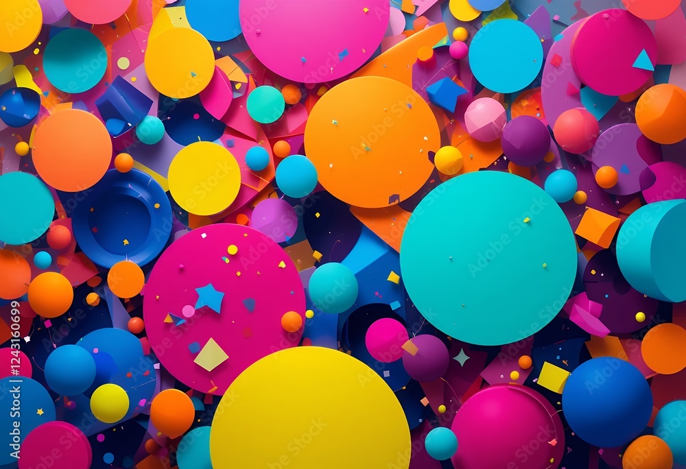 Poster a vibrant and playful composition of colorful 3d shapes and confetti on a dark background