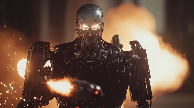 Futuristic Robot Warrior with Glowing Eyes and Weapons in Action