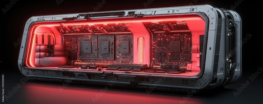 Poster a futuristic, illuminated container showcasing intricate electronic components against a dark backgr