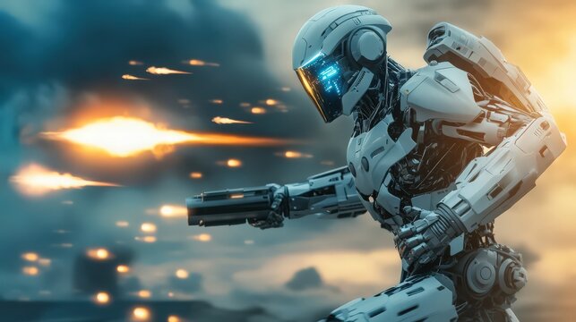 Futuristic battle scene: Advanced AI robot warrior engages in combat