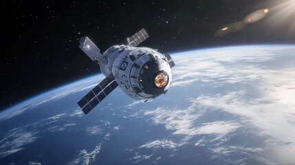 Obraz premium A spacecraft or satellite orbits Earth, showcasing technology and exploration.