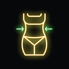 Neon sign illustrating the concept of weight loss with a woman body shape and green arrows pointing to the waist