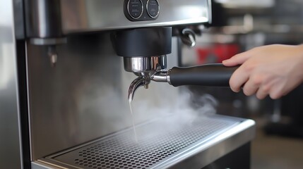 Steaming Espresso Machine with Portafilter in Action, Close-Up, Refreshing