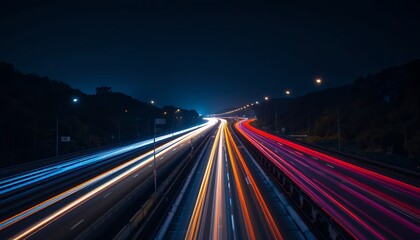 Obraz premium Ephemeral Trails: Night Highway Light Streaks Illuminate the Dark Horizon