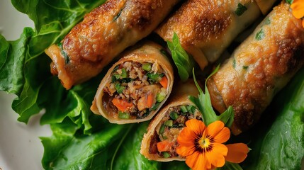 Set of Spring rolls, top view and side view,