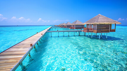 A breathtaking aerial view captures stunning expanse of Maldives island, showcasing luxurious water villas resort and intricate wooden pier against backdrop