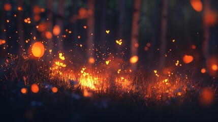 Obraz premium Flames flicker and dance in the darkness, casting a surreal glow against the blurry backdrop.