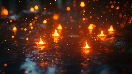 Obraz premium Flames flicker and dance in the darkness, casting a surreal glow against the blurry backdrop.