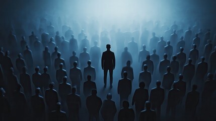 Obraz premium Colorful silhouette pf person standing in monochrome crowd of different people,surreal unique and different concept,loneliness in society,shadow,freedom,Love,be yourself,Stand out from the crowd.