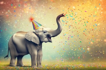 A cheerful elephant wearing a party hat, blowing confetti in a festive atmosphere.