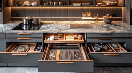 Stylish kitchen with gray drawers and marble countertops. Empty wooden table in the center. Modern cooking appliances and organized storage space for food items.