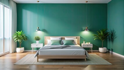 Fototapeta premium Serene blue-green bedroom: white bed, minimalist design, coastal vibes, perfect for relaxation.