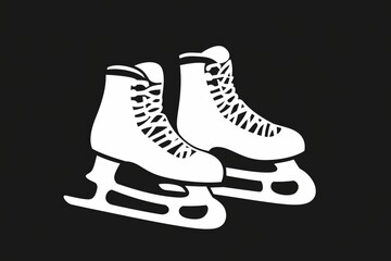 A pair of white ice skates with laces on a black background.