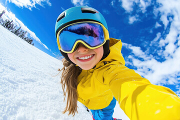 A cheerful girl in a yellow jacket and blue pants smiling while skiing on a snowy slope.