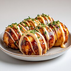 Japanese takoyaki octopus balls, isolated on a white table, glowing neutral tones, positioned to the right, crispy and flavorful