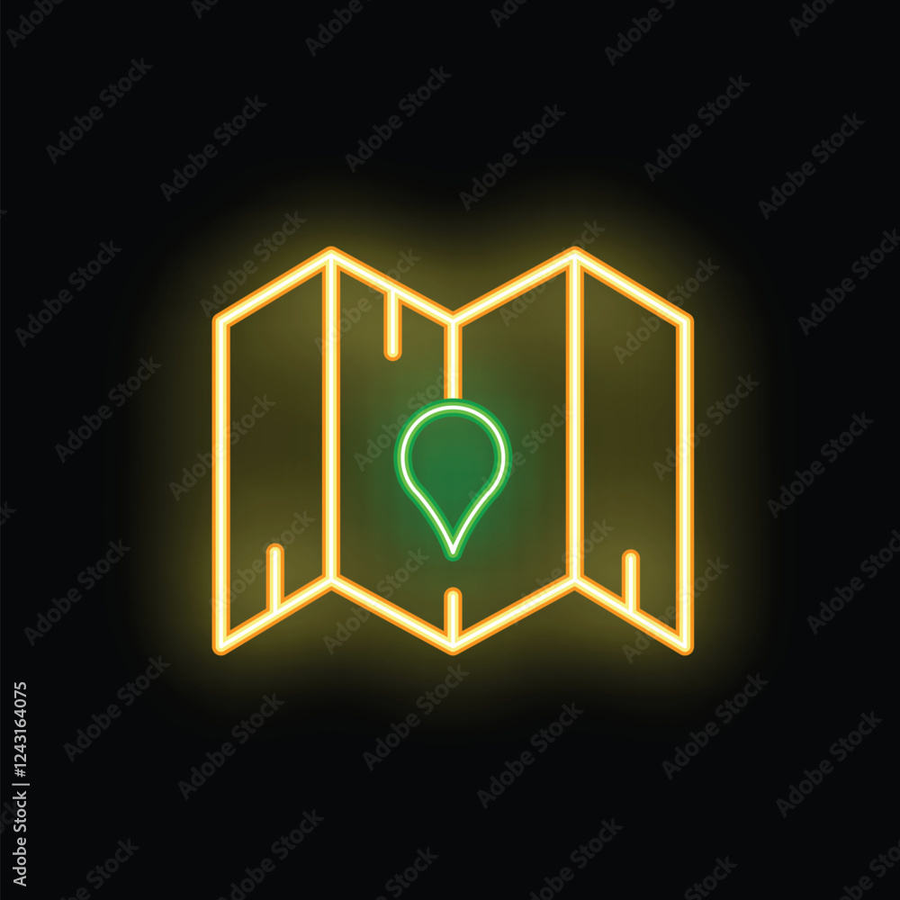Poster neon yellow map with green location pin showing the way on a black background