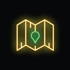 Neon yellow map with green location pin showing the way on a black background