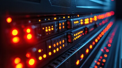 Close-up view of illuminated server racks showcasing data processing in a tech environment (1)