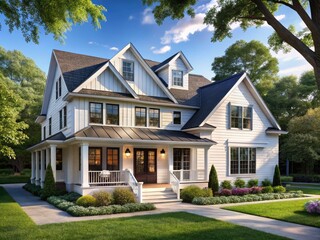 Sleek white Oak Park farmhouse, modern lines, dark roof.