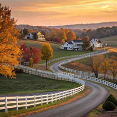 Fototapeta premium serene autumn evening in the countryside, with a winding road leading to charming houses and barns, surrounded by vibrant fall foliage and rolling hills