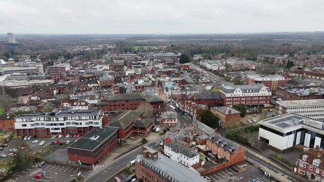 Basingstoke town centre England pull back drone aerial reverse reveal