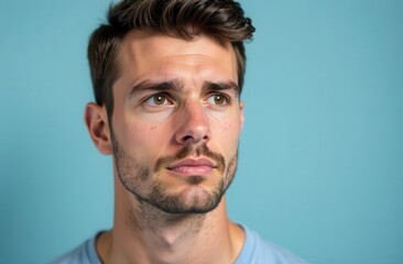 Fototapeta premium Portrait of a young man with a beard on a blue background