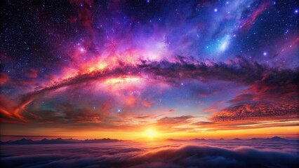 Obraz premium A breathtaking panorama of a vibrant sunrise over a sea of clouds, bathed in the ethereal glow of a cosmic spectacle featuring a nebula and a myriad of stars.