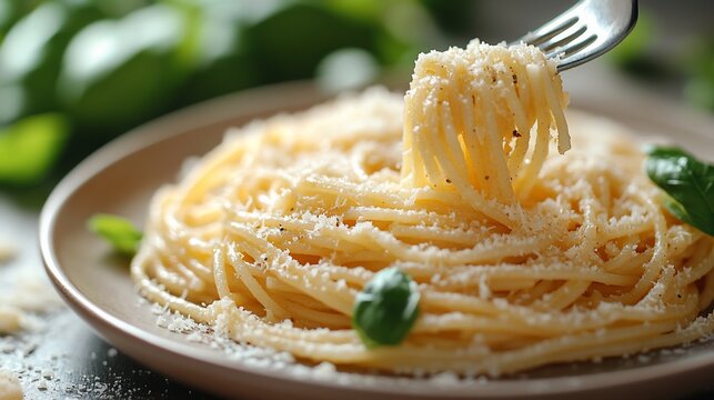 Fork lifting spaghetti aglio e olio with parmesan cheese.