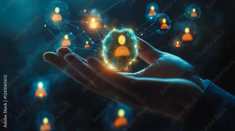 Poster digital representation of diverse people connected through technology in a futuristic setting