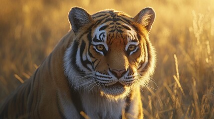 Naklejka premium Portrait of a Bengal tiger, golden fur glowing under soft morning light.