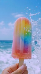 POV of hand gripping a colorful popsicle with ocean waves in the background.