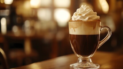 Creamy cappuccino with whipped cream topping in clear glass on wood