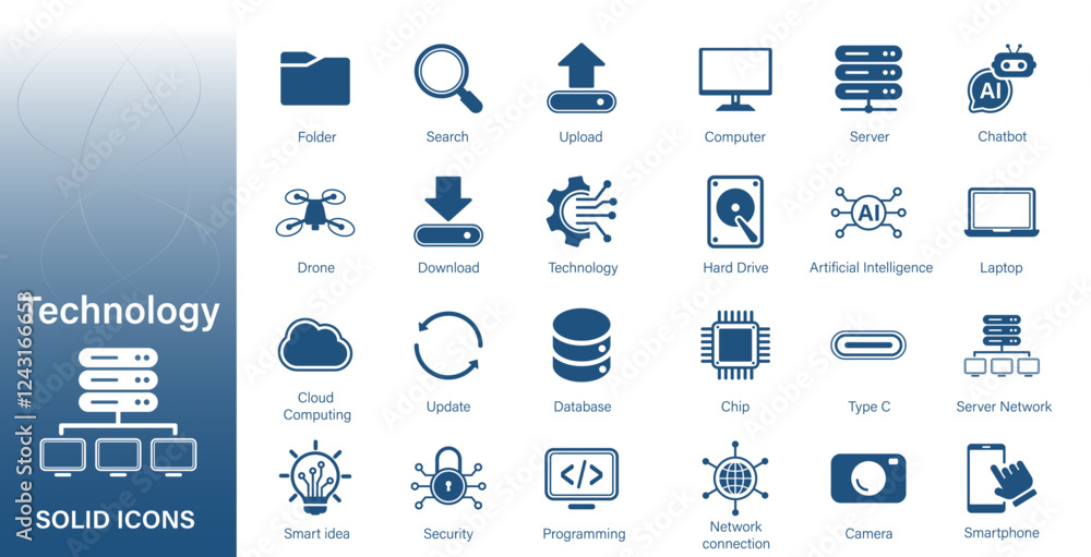 Poster solid vector icon set on the theme of computers, data storage, databases, technology equipment.